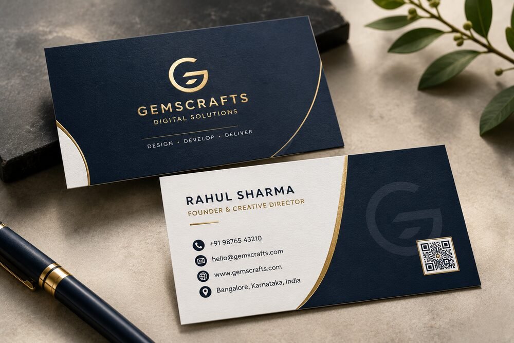 Navy and gold business card design, front and back