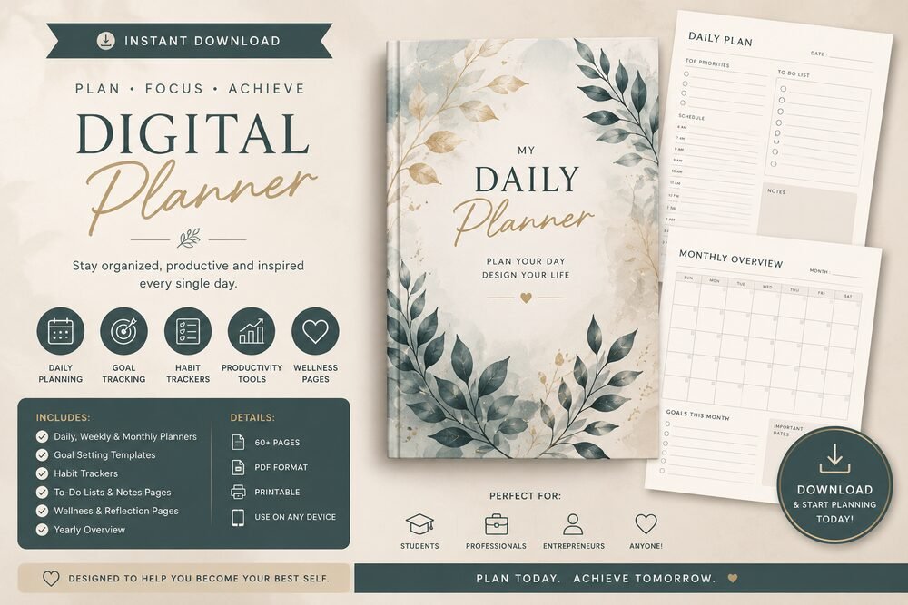 Downloadable digital planner design with daily and monthly layout pages