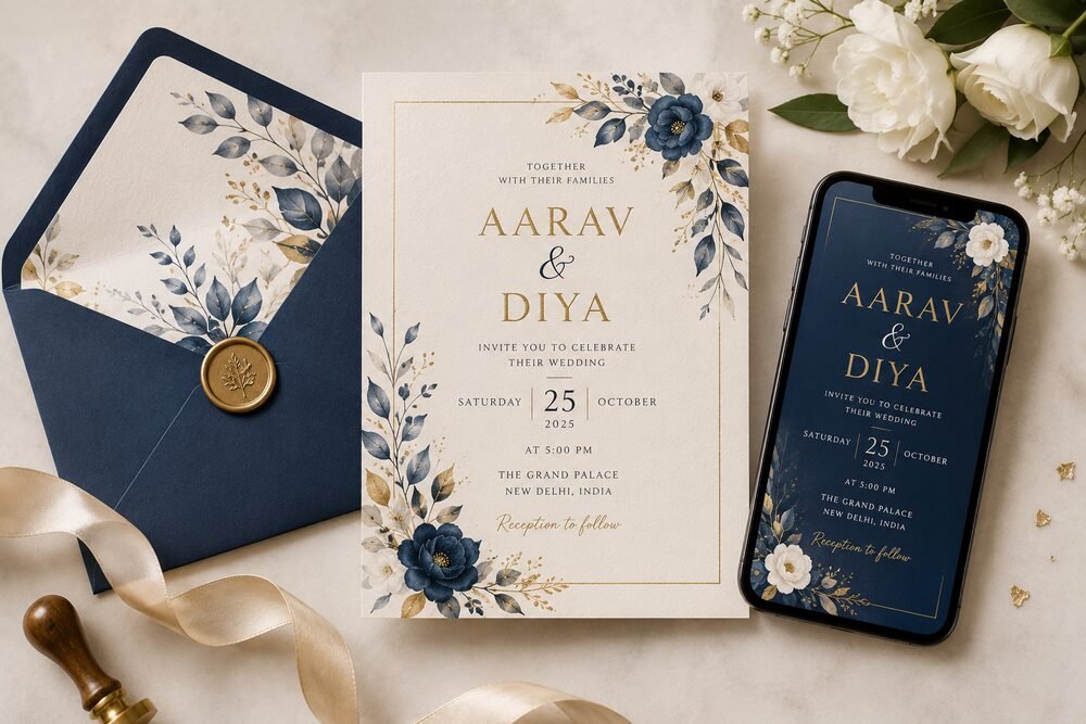 Elegant navy and gold wedding invitation design, shown in print and on a smartphone