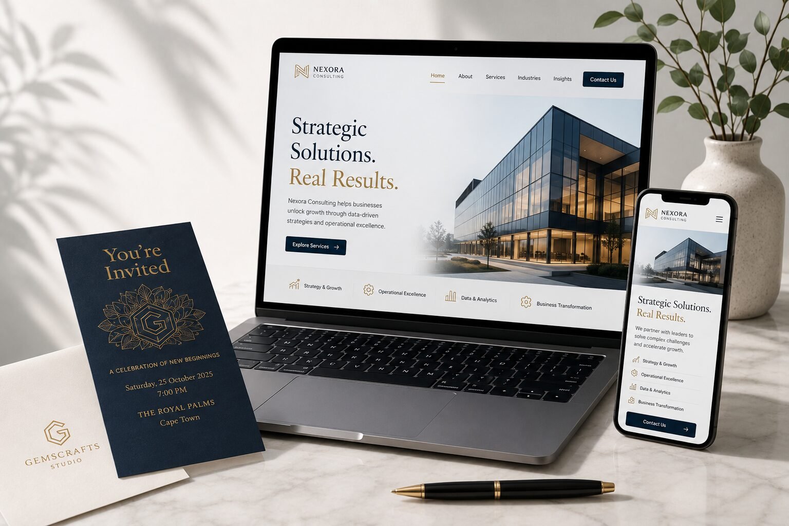A laptop and smartphone displaying premium website design work, alongside an elegant printed invitation — representing digital and print creative work from Gemscrafts Studio