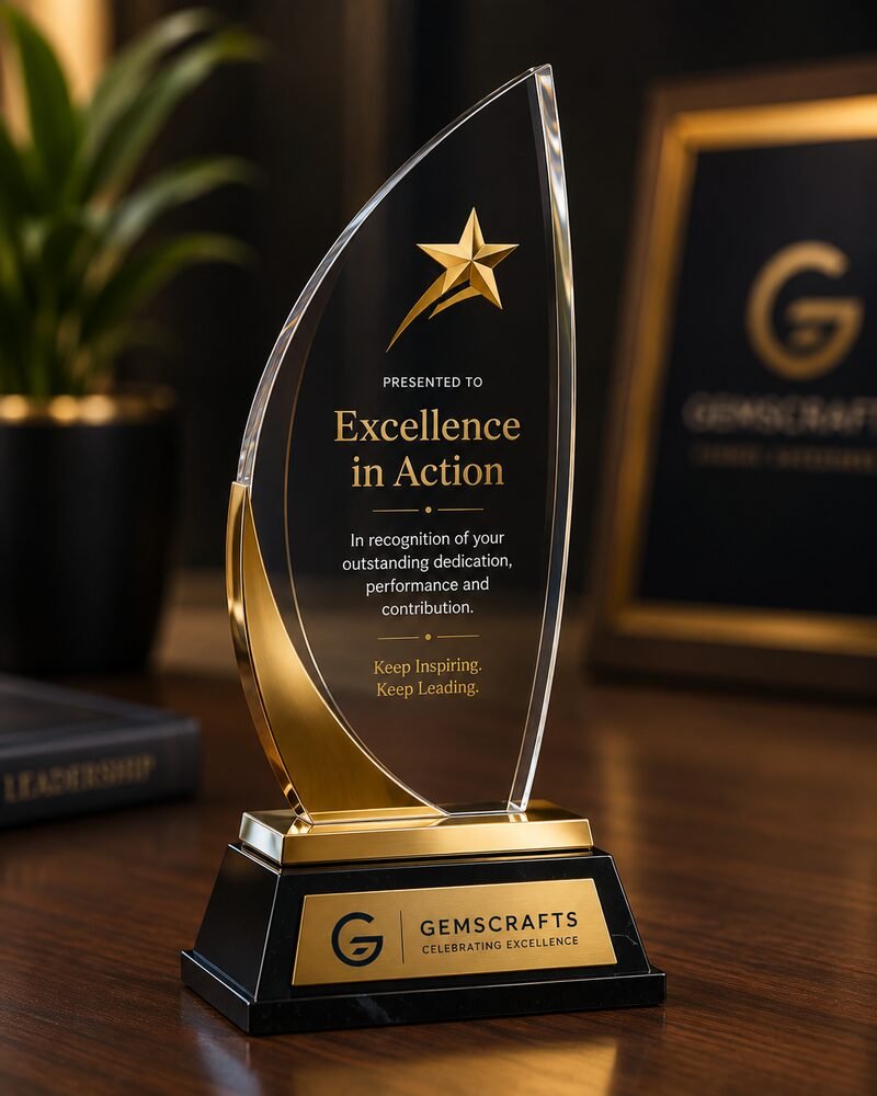 Premium glass and gold recognition award on a desk