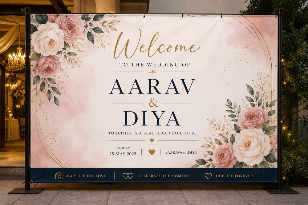 Floral wedding welcome banner displayed at an event entrance