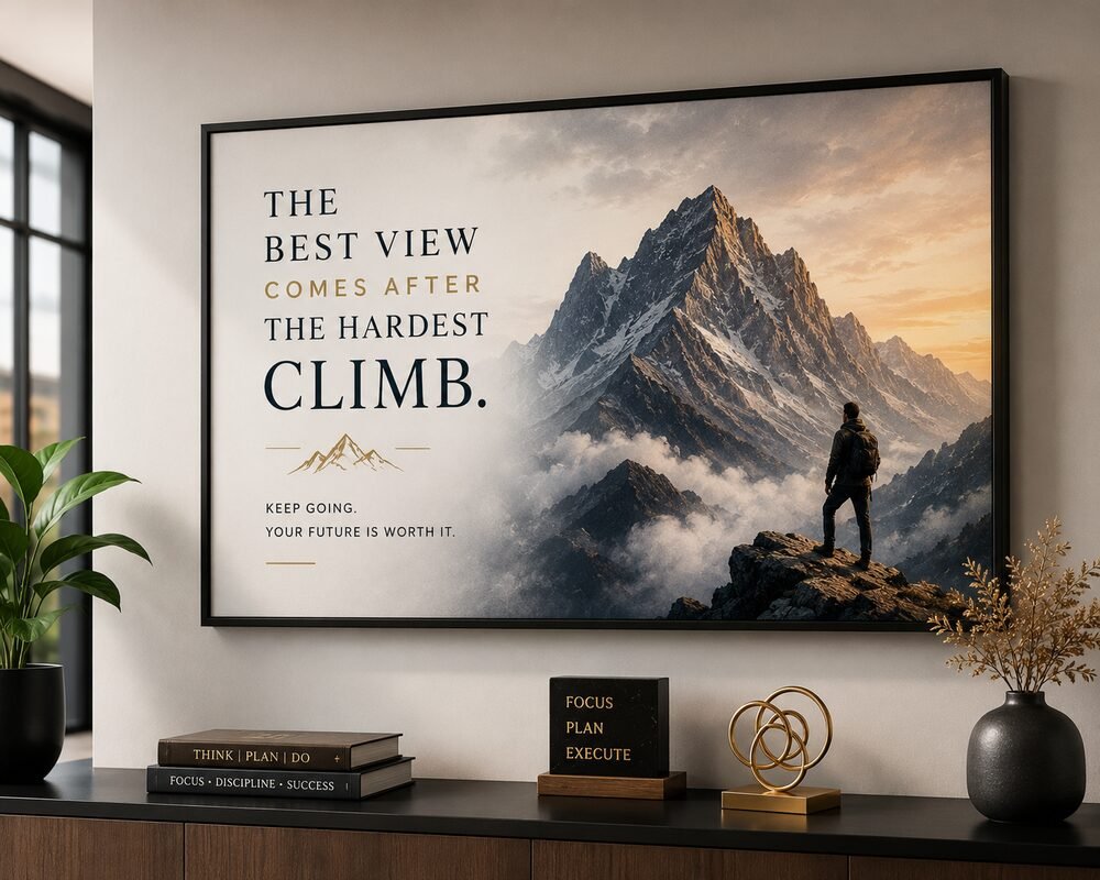 Framed motivational wall art displayed above a console table