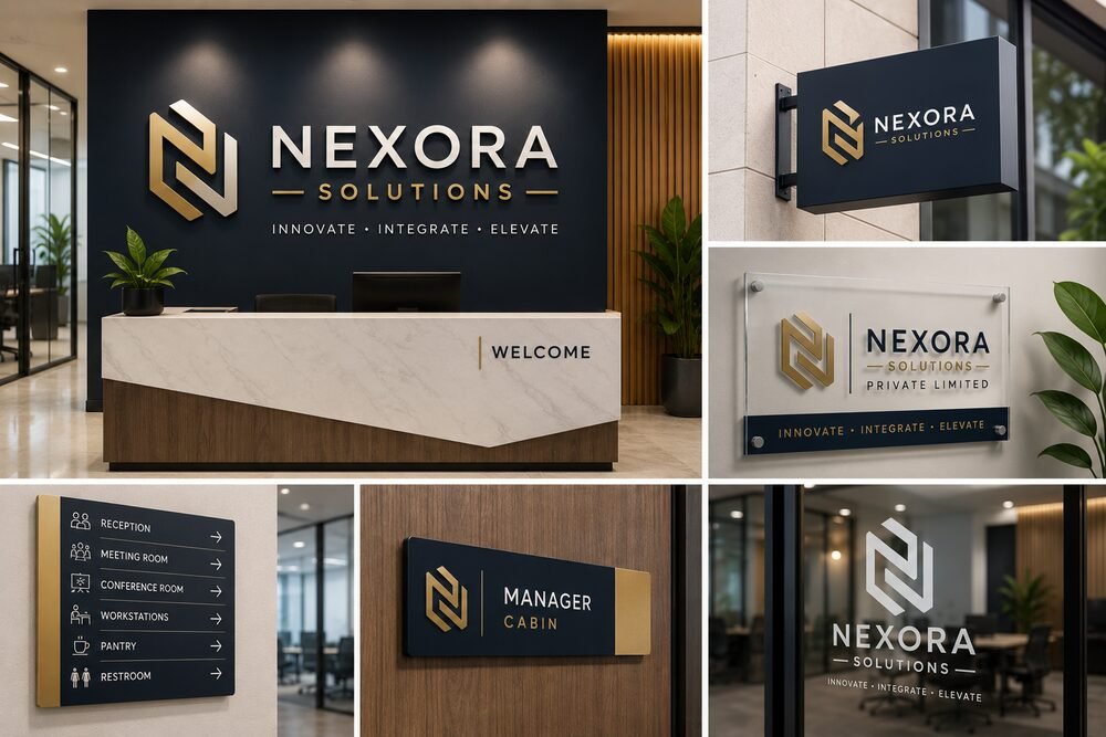 Office reception signage and wayfinding plaques with a navy and gold brand identity
