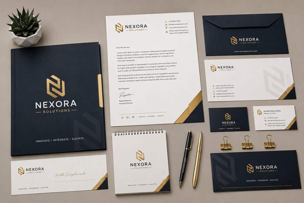 Printed business stationery flatlay including letterhead, envelopes and business cards