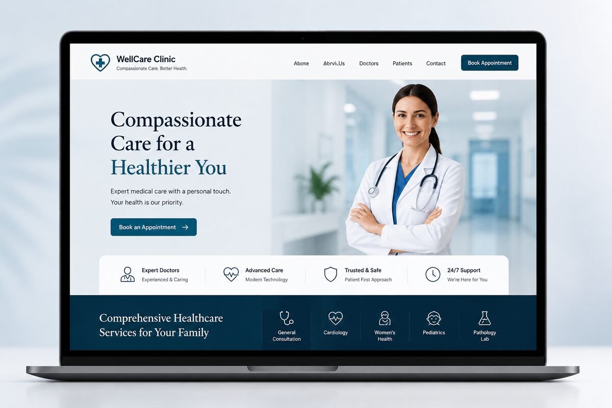 Medical clinic website concept displayed on a laptop screen