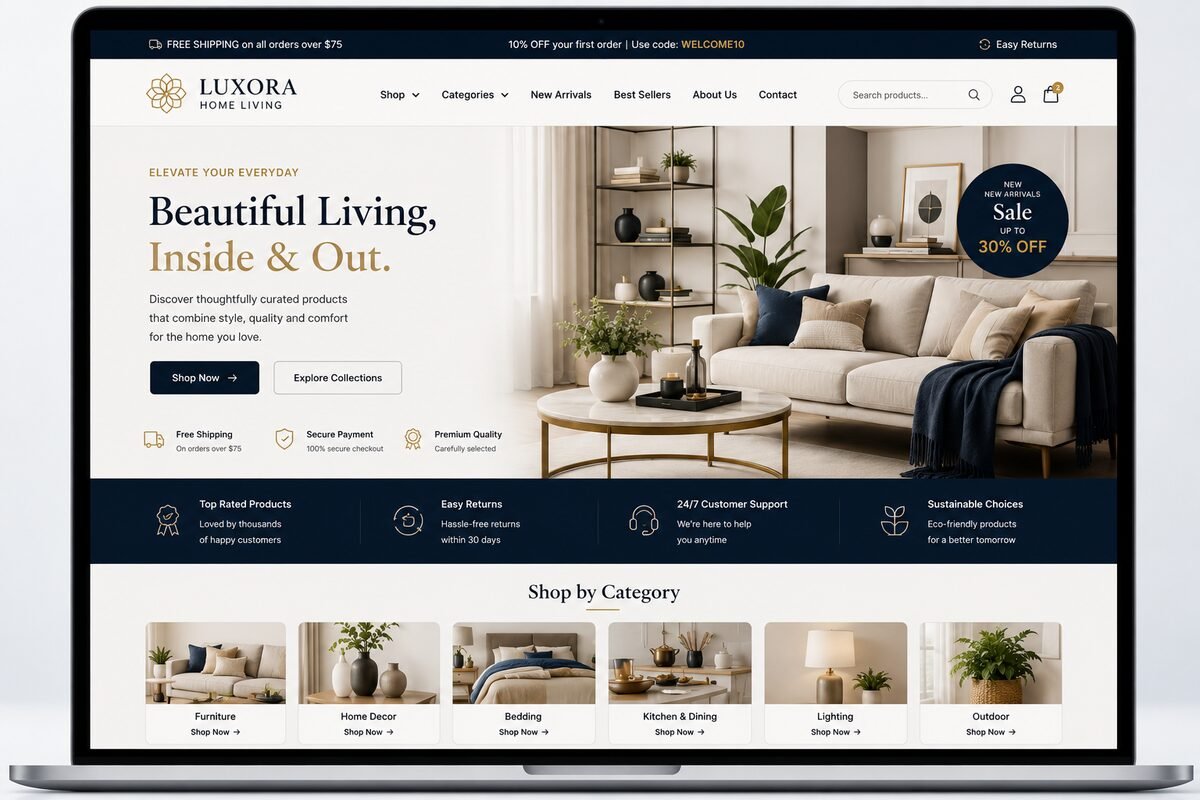 E-commerce online store website concept displayed on a laptop screen