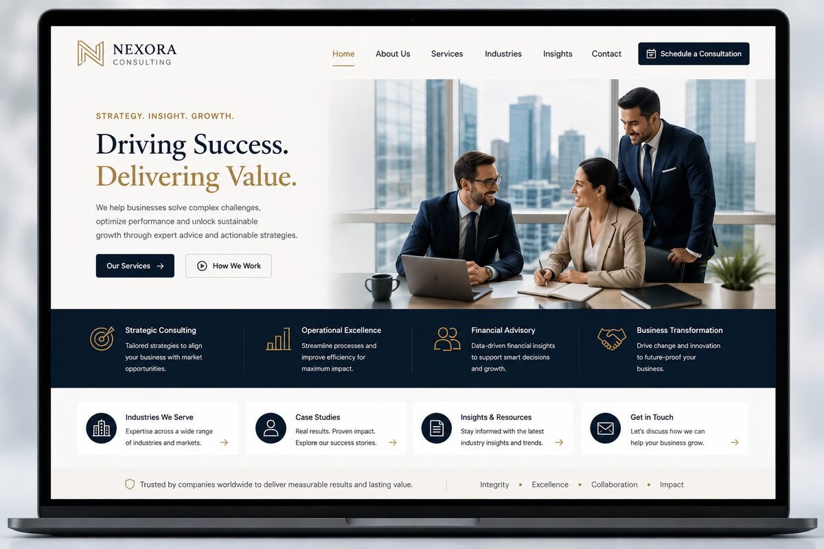 Professional services consulting website concept displayed on a laptop screen