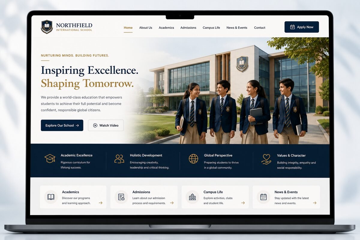 International school website concept displayed on a laptop screen